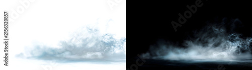 Foto Ethereal blue mist hovering over a dark reflective floor with rising smoke wisps