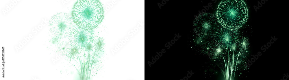 Fototapeta premium Multiple bright green fireworks exploding together across a dark night sky for holiday celebration in PNG, Transparent and Black Background Versions