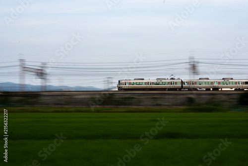 京都府の田園地帯を走るJR旅客列車。緑豊かな水田と鉄道が織りなす、日本の夏の日常風景。