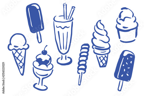 Ice Cream And Frozen Desserts Doodle Vector Illustration Set With Cones Popsicles And Milkshake