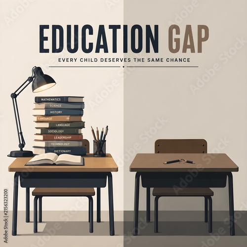 Education gap equality poster with books and empty desk for children