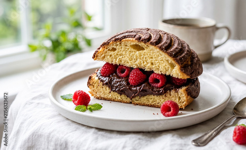 Modern gourmet concha sweet bread sliced and stuffed with chocolate ganache and fresh raspberry filling on a matte white plate,  Rich dark ganache texture contrasting with bright red raspberries and f