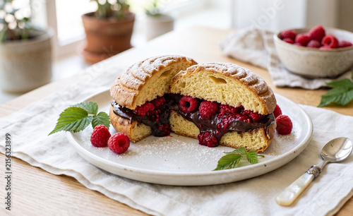 Modern gourmet concha sweet bread sliced and stuffed with chocolate ganache and fresh raspberry filling on a matte white plate,  Rich dark ganache texture contrasting with bright red raspberries and f