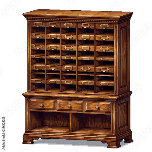 Vintage wooden document sorting cabinet with multiple drawers for office storage