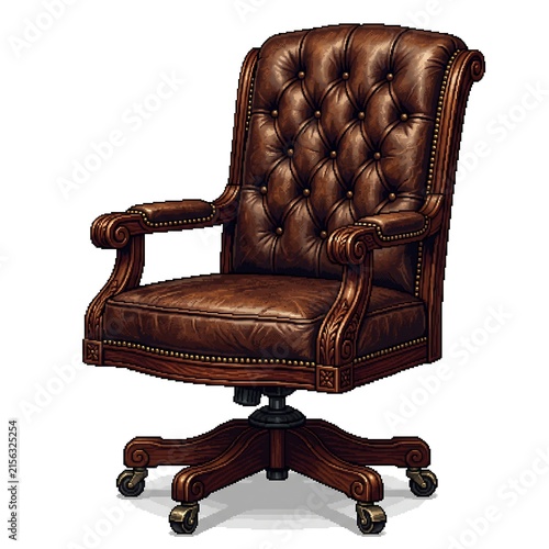 Classic brown leather executive office chair with tufted back and wooden base on wheels