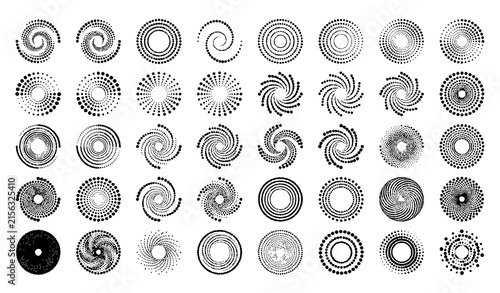 Halftone dot circle pattern bundle featuring black abstract spiral swirl radial loop vortex and concentric geometric design element vector