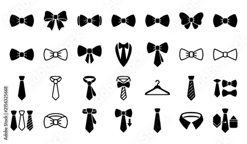 Cuadro en lienzo Men necktie and bowtie black silhouette icon set with formal suit collar hanger