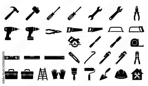 Professional construction hand tools black silhouette icon set featuring hammer wrench drill saw toolbox ladder helmet repair hardware vector