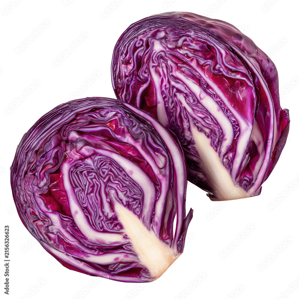 Obraz premium Freshly cut red cabbage halves displayed on transparent background for culinary and healthy food concepts