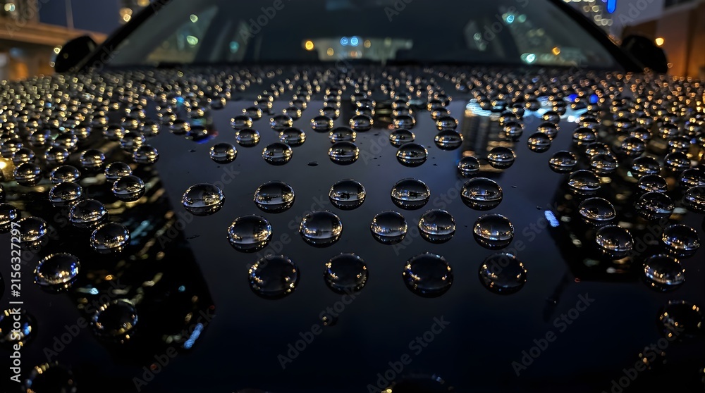 Fototapeta premium Rain drops on a black car hood reflecting city lights at night