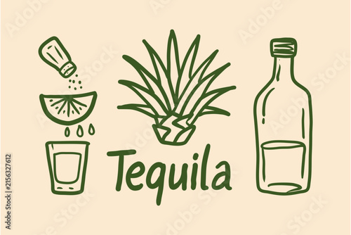 Hand Drawn Tequila Bottle Shot Glass Agave and Lime Vector Line Art Illustration Set