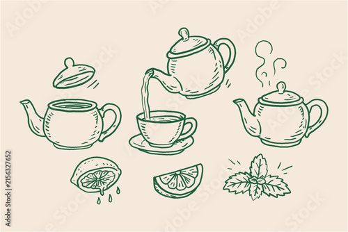 Hand Drawn Teapot Teacup Lemon and Mint Botanical Tea Set Vector Line Art Illustration