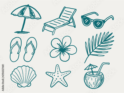 Hand Drawn Summer Beach Elements Vector Line Art Illustration Set