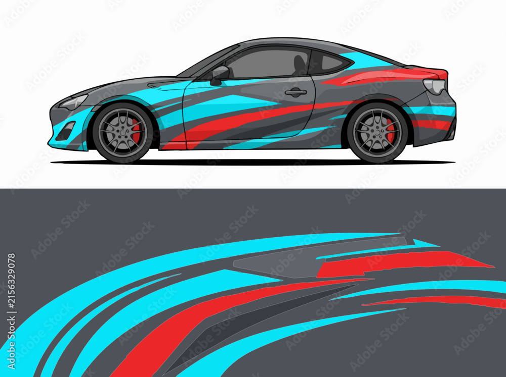 Fototapeta premium Sporty car with dynamic blue and red design wrap