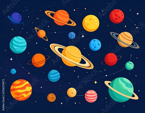 Colorful geometric shapes floating in space.