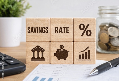 Financial concept blocks illustrating savings rate growth with piggy bank and percentage symbol on wooden desk