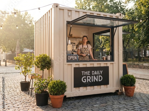 Barista opening cafe booth