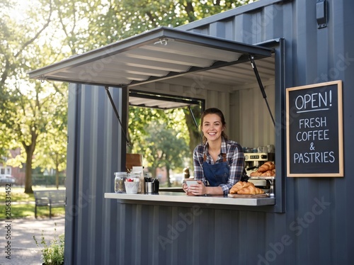 Barista opening cafe booth