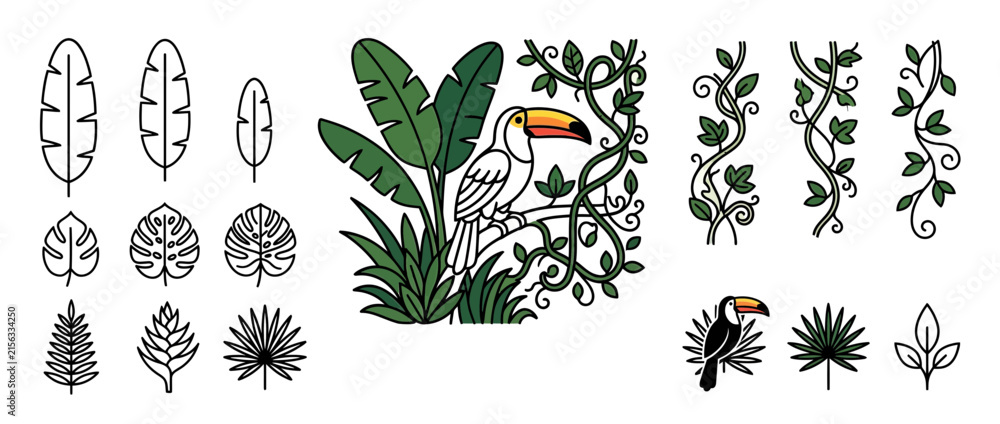 Obraz premium Tropical Jungle Elements Collection with Toucan and Leaves