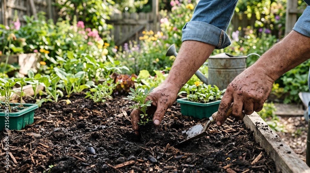 Fototapeta premium Gardener planting green seedlings in a fertile organic garden bed