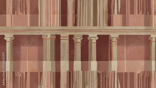Elegant Symmetrical Classical Architectural Facade with Detailed Columns and Balustrade, Historic Neo-Classical Structure Pattern