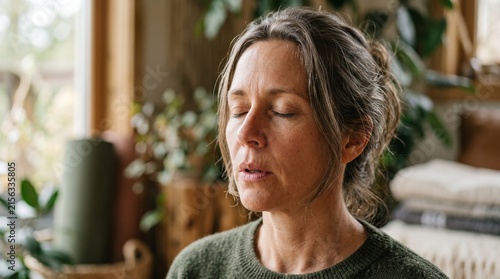 Mature woman with eyes closed meditating peacefully indoors surrounded by plants and natural light