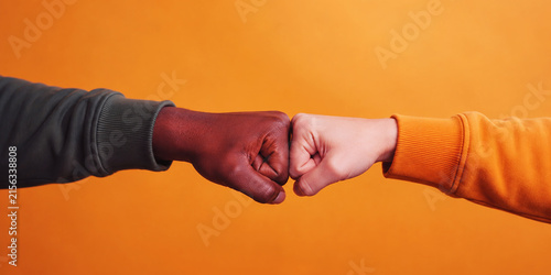 Two diverse hands performing a fist bump gesture as a symbol of unity and friendship against orange