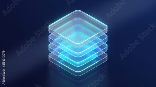 Futuristic glowing data layers, isometric glass square stack, blue neon digital infrastructure concept for cloud storage