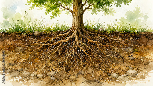Detailed illustration of a tree with roots and soil layers  