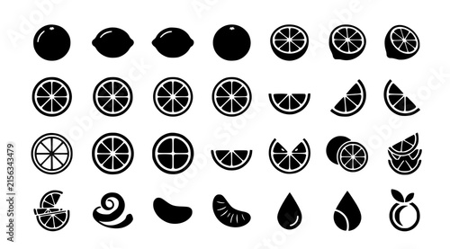 Canvas Print Citrus fruit slice icon set with whole half wedge and orange lemon lime silhouet
