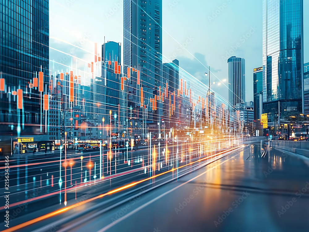 Fototapeta premium Futuristic cityscape with financial data overlay and light trails