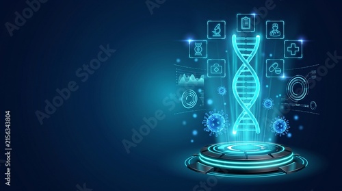Futuristic DNA helix hologram on digital podium, medical science technology interface, glowing blue genetic research background