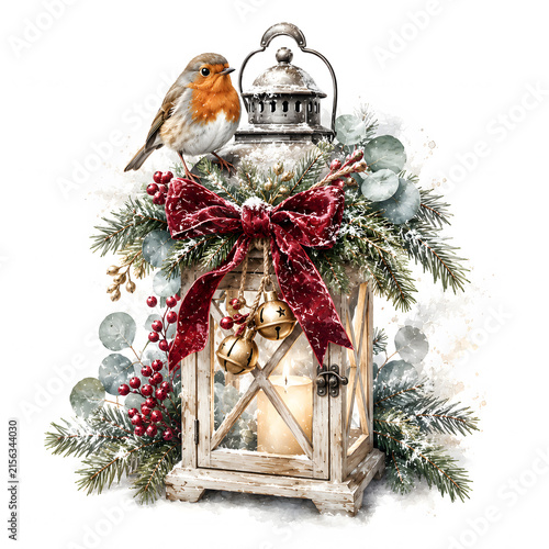 Charming lantern with festive decorations and a robin bird  