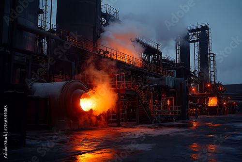 Industrial plant with glowing furnace and steam at dusk