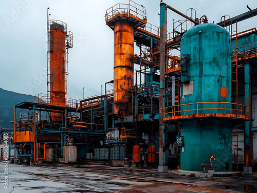 Industrial complex with large tanks and pipes under a cloudy sky