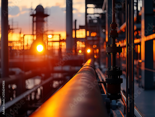 Industrial refinery at sunset with glowing orange lights and pipes