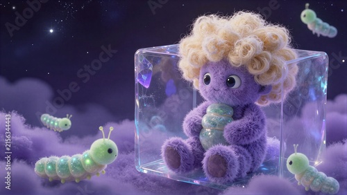 Purple creature with curly hair sits in a glowing cube among floating caterpillars and stars.