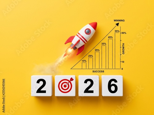 Business Growth Concept for Year 2026 with Rocket Launch, Target Icon, and Rising Financial Success Bar Chart on Yellow Background