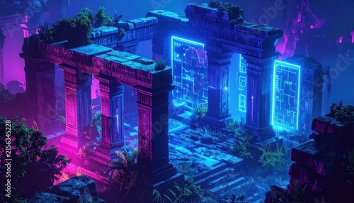 Neon lit ancient ruins at night.