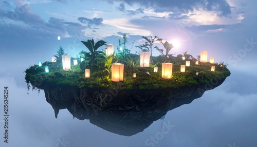 Floating island with glowing lanterns serene.