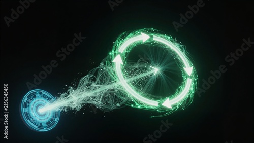 Green energy flows from a blue tech circle into swirling vortex.