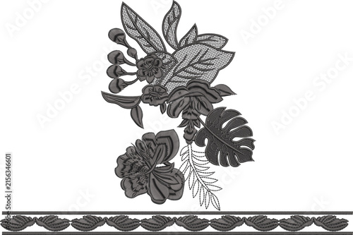 Monochrome Botanical Floral Embroidery Motif with Decorative Border