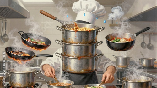 Busy chef cooks multiple dishes simultaneously in a steamy, bustling kitchen.