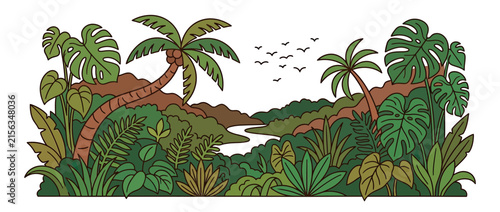 Tropical jungle landscape with palm trees and river