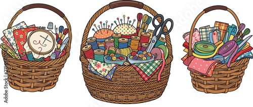 Three Woven Baskets Filled with Sewing Supplies