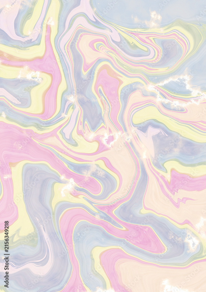 Obraz premium A beautiful fluid acrylic painting background with colorful swirl patterns of pastel pink, grey blue, yellow, and subtle hints of yellow and white creating a soft marble effect.