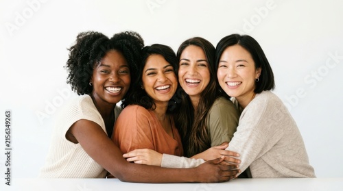 Group of four happy diverse women friends smiling and hugging each other looking at the camera together in a studio