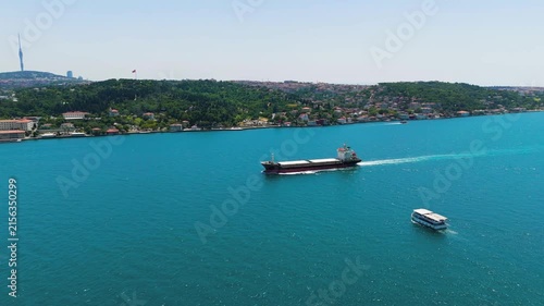 Istanbul, Turkey. The 15 July Martyrs Bridge, a steel suspension span connecting Europe and Asia across the Bosphorus Strait, aerial view on a clear summer day. Aerial View, Point of interest