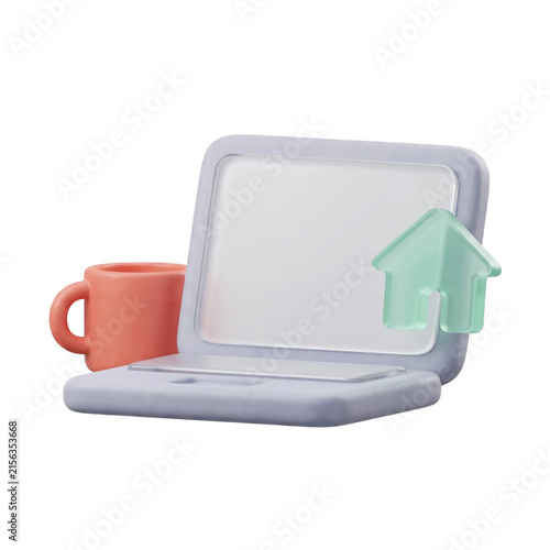 Minimalist 3D illustration of a laptop with a green house icon, representing remote work and home office setup. A clay-like orange mug sits beside the computer