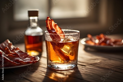 maple cocktail with bacon on a rustic wooden table